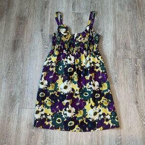 Maeve Anthropologie Silk Smocked Empire Tank Dress large purple green yellow